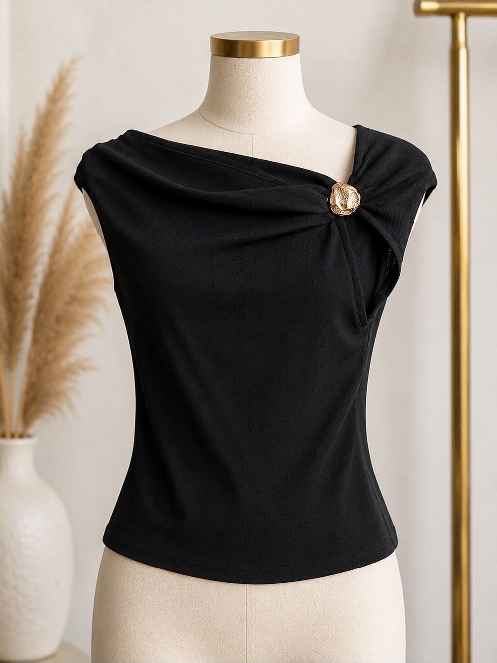 Black Asymmetrical One-Shoulder Top with Gold Button - Picture 4 of 6